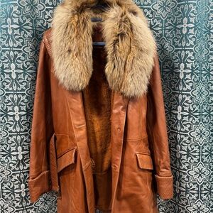Brown Leather Coat with Faux Fur Collar